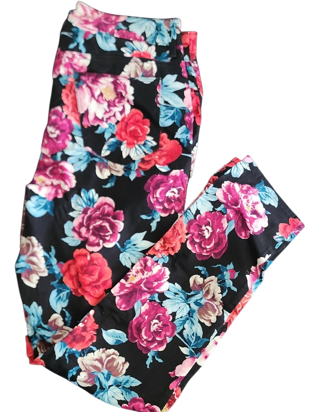 Chicos JEGGINGS Womens Floral Print Leggings - Black with Pink & Blue Roses.